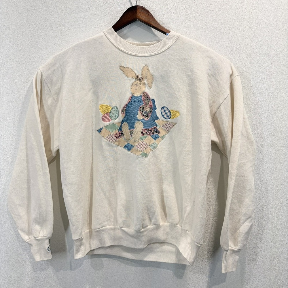 Vintage Jerzees XL  Easter Bunny Embroidered Granny Cottage White Sweatshirt